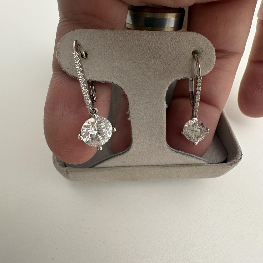 Daniel Louis Earrings Silver Tone Round White Stone Drop Leverback Jewelry - Picture 3 of 3
